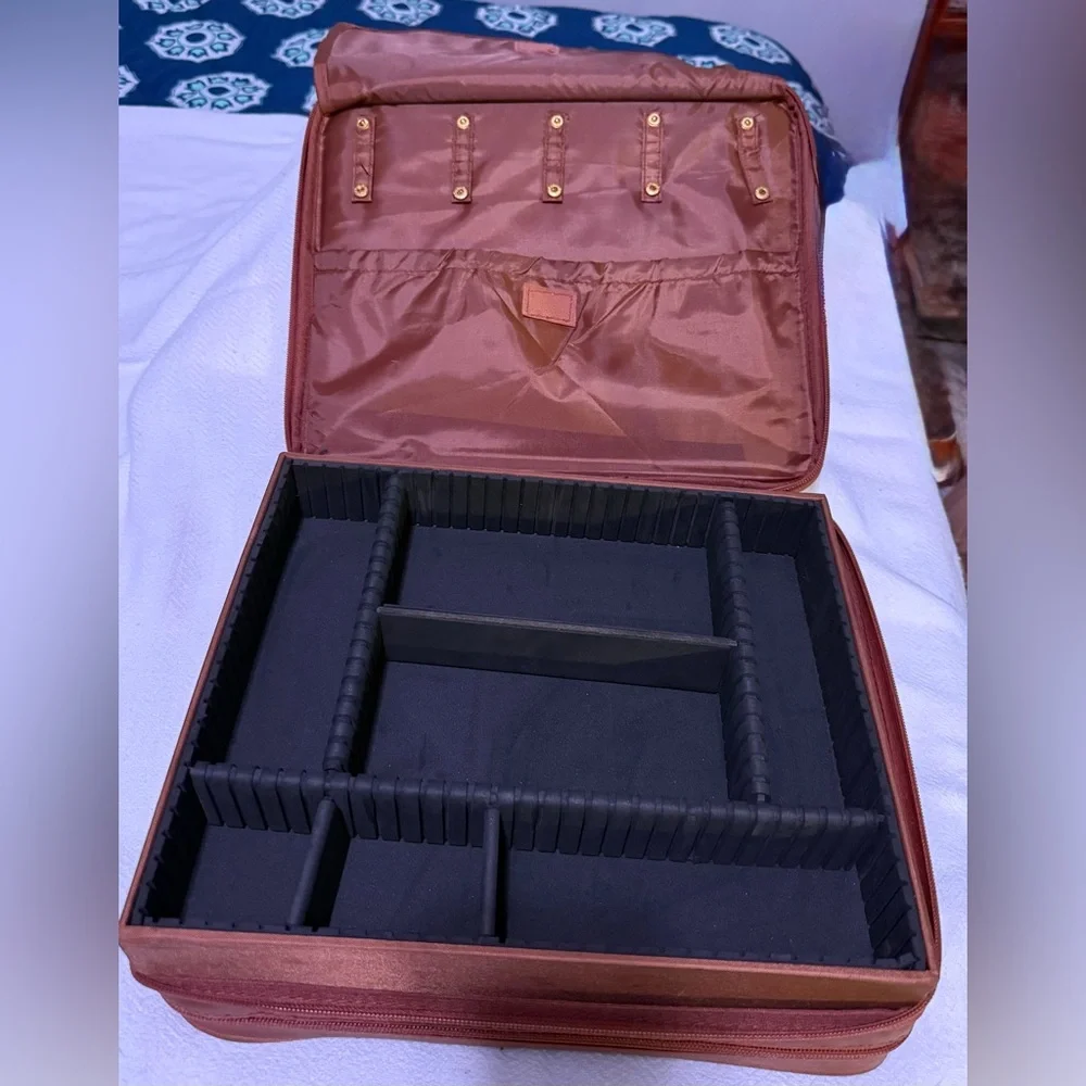 Joy Mangano 2 Stackable Jewelry Organizers in Brown Expandable Zip Around Case. - Picture 1 of 13